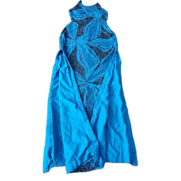 Cache Vintage Beaded Silk Blue Open Back Gown Maxi Dress High Slits Size Large - Picture 11 of 13